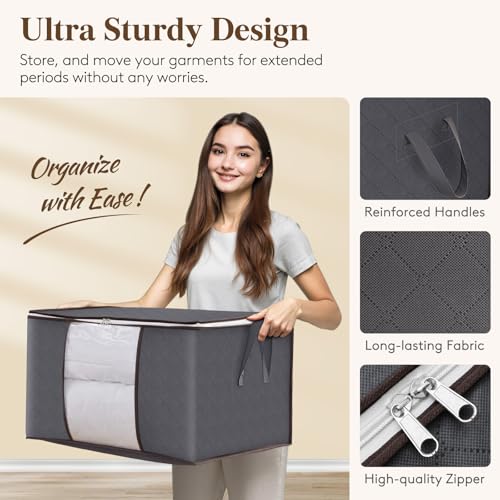 Lifewit 3 Pack 60L Clothes Storage Bins with Lids, Foldable Blanket Storage Bags with Zippers, Clear Window and Reinforced Handles, Closet and Organization for Clothing, Sweater, Comforter, Bedding - size: 60L