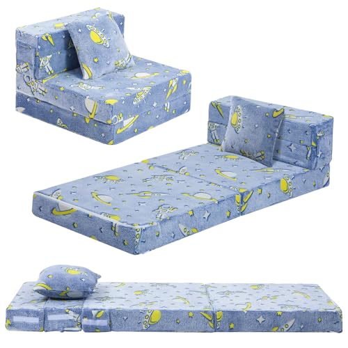 MeMoreCool Foldable Futon Chair Bed for Kids, Glow Tri-fold Sofa Bed Convertible Toddler Sofa Mattress, Foam Floor Couch for Sitting, Blue - color: Denim Rocket