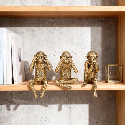 DOVDOV Three Wise Monkeys Statue Set: Hear No Evil, See No Evil, Speak No Evil Monkey Sculpture Gold Home Decor for Bookshelves, Offices, Living Room Coffee Tables, and Partition Decor Small Figurine