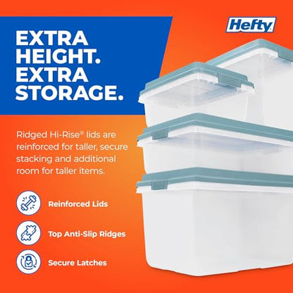 Hefty 40 Quart Hi-Rise Storage Bin with Lid, Stackable Plastic Container Tote for Home, Office, and Classroom Organization, 6 Pack, Smoke Blue - size: 40 Qt - 6 Pack