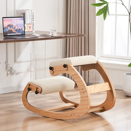 Ergonomic Kneeling Chair, Adjustable Rocking Knee Chairs for Home Office, Wooden Office Knee Chair for Back Pain Relief, Beige