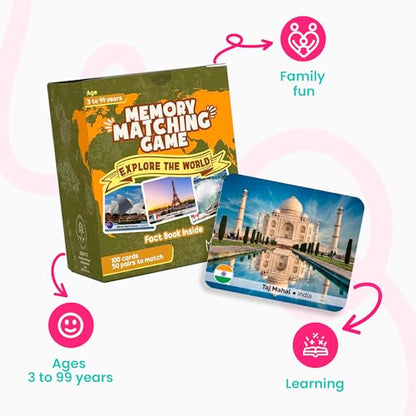 Menique Explore the World Memory Matching Game – 100 Cards (50 Pairs) with Famous Landmarks from 50 Countries – Includes Flag, Country & Place – Educational Geography Game + Informative Booklet - style: Explore the World