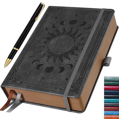 Journal for Men & Women, Daily for Classic Lined Writing, 360 Pages Hardcover Journaling Notebook with Pen, Vintage Sun & Moon Design,Dark Grey, A5 (5.9'' x 8.5'') - color: Dark Grey, size: A5