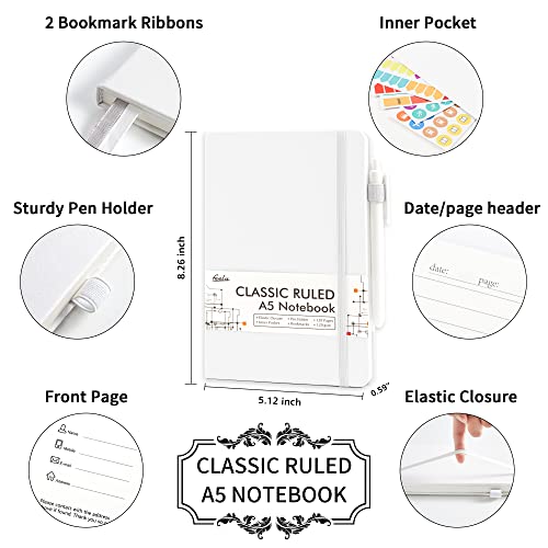 feela College Ruled Notebooks, 24 Pack Business Notebook Hardcover Lined Writing Journal with Pen Holder for Men Women Note Taking, with 24 Black Pens, 120 GSM, 5.1”x8.3”, A5, White - color: 24 White