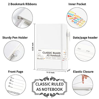 feela College Ruled Notebooks, 24 Pack Business Notebook Hardcover Lined Writing Journal with Pen Holder for Men Women Note Taking, with 24 Black Pens, 120 GSM, 5.1”x8.3”, A5, White - color: 24 White