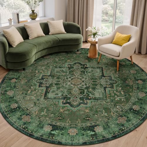 Green Large Round Area Rugs for Living Room 8ft, Vintage Medallion Big Round Carpet 8 Feet Family Room, Washable Non Slip Thin 8' Circle Rugs for Dining Room Table, 8x8 Round Floor Carpet Décor - color: Medallion-green, size: 8' (Round)