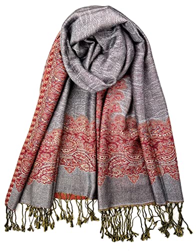 Plum Feathers Tapestry Ethnic Paisley Pattern Pashmina Shawl Scarf, Womens Pashmina Shawl Wrap with Fringes - color: Grey Red Border