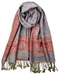 Plum Feathers Tapestry Ethnic Paisley Pattern Pashmina Shawl Scarf, Womens Pashmina Shawl Wrap with Fringes - color: Grey Red Border