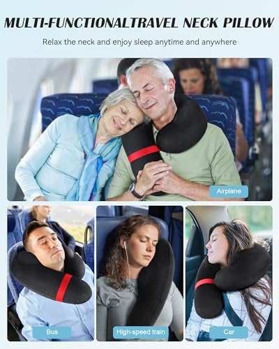 Patented Design Inflatable Travel Neck Pillow – Airplane Neck Pillow with 360° Head & Neck Support, Soft Washable Velvet Cover, Compact Neck Support Pillow for Airplane,Train,Car,Office & Home (Black) - color: Black