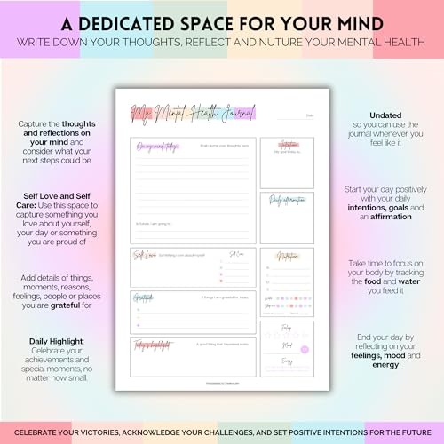 Mental Health Journal Planner | Daily Gratitude, Self Care, Intentions, Affirmations and Nutrition (Rainbow, A5) - color: Rainbow, size: A5