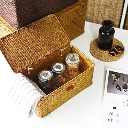 Rectangular Handwoven Seagrass Small Storage Basket with Lid for Shelves and Home Organizer Bins,S (10.2"x5.5"x4.3"H), Natural - size: S (10.2"x5.5"x4.3"H)