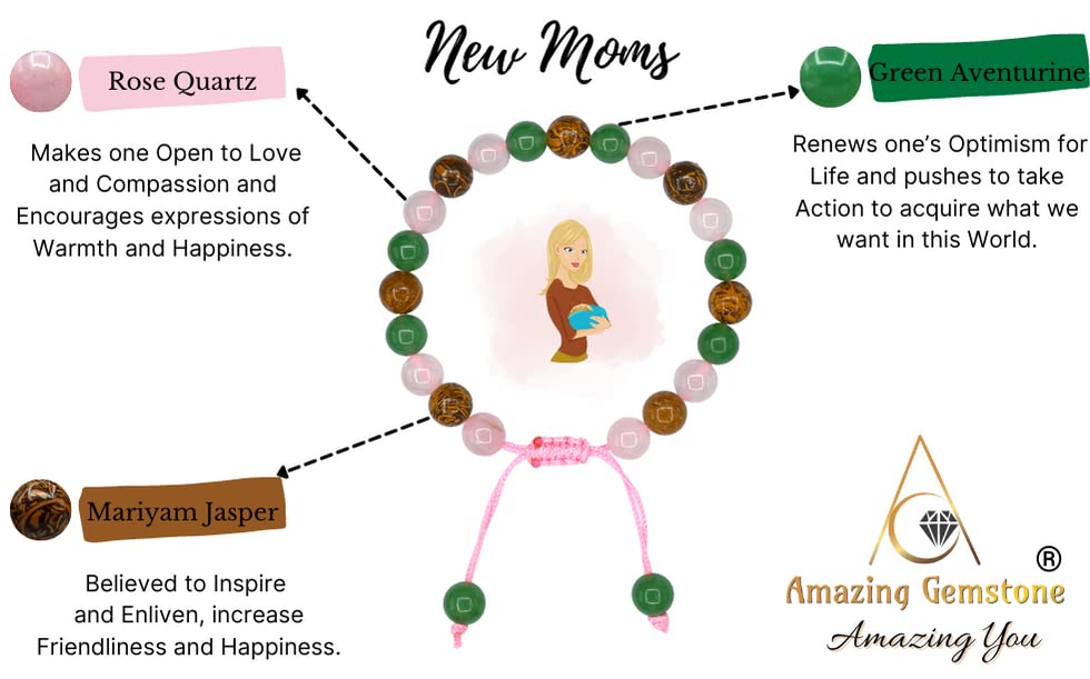 Amazing Gemstone Bracelet for New Mom Manifestation - Green Aventurine Mariyam Jasper Rose Quartz Bracelet Set for Men Women Healing Calming Anxiety Stress Relief Gifts Pulseras Para Hombres Mujer - color: New Moms