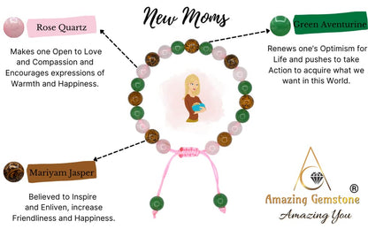 Amazing Gemstone Bracelet for New Mom Manifestation - Green Aventurine Mariyam Jasper Rose Quartz Bracelet Set for Men Women Healing Calming Anxiety Stress Relief Gifts Pulseras Para Hombres Mujer - color: New Moms
