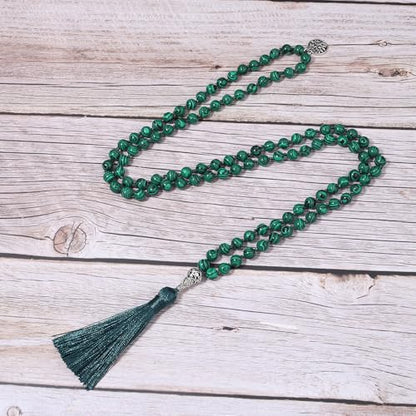108 Mala Beads Necklace Semi-Precious Gem Stones Meditation Necklace 108 Hand Knotted Japa Mala Beaded Tassel Necklace with Tree of Life Pendant - color: Green Peafowl