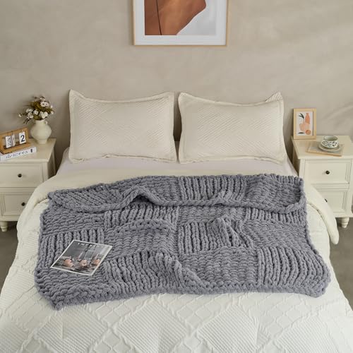 Chunky Knit Blanket Throw 50x60 Inches,Handmade Cable Knit Crochet Blanket,Cozy Lightweight All Season,Wrinkle-Resistant Polyester for Couch Bed Sofa Reading Nook,Grey - color: Grey