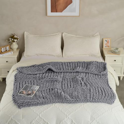 Chunky Knit Blanket Throw 50x60 Inches,Handmade Cable Knit Crochet Blanket,Cozy Lightweight All Season,Wrinkle-Resistant Polyester for Couch Bed Sofa Reading Nook,Grey - color: Grey