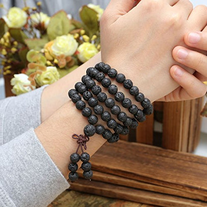 Jovivi 6mm 8mm Natural Lava Rock Stone Healing Gemstone 108 Prayer Beads Tibetan Mala Bracelet Necklace - color: 8mm Beads