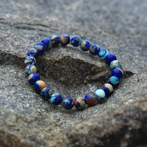 Handmade Natural Imperial Jasper Gem Semi Precious Gemstone 8mm Round Beads Stretch Bracelet 7" Unisex - color: Blue
