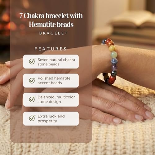 The Alchemist's Arcanum Adjustable Beaded Wrist Accessory for Men and Women, Stretch Fit Stone Bead Jewelry for Daily Wear and Gifting - color: 7 Chakra & Hematite Beads