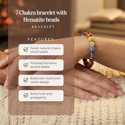 The Alchemist's Arcanum Adjustable Beaded Wrist Accessory for Men and Women, Stretch Fit Stone Bead Jewelry for Daily Wear and Gifting - color: 7 Chakra & Hematite Beads
