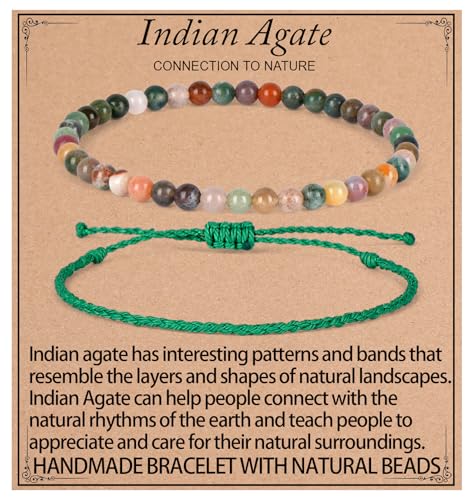 QOGIR 2pcs Handmade Healing Bracelet, Natural Gem Stone Crystal Elastic Bracelet - color: Indian Agate(Connection to Nature), size: 4mm
