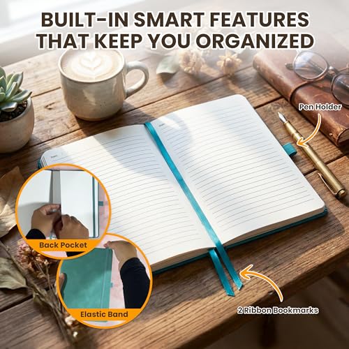 Decorably 312 Pages A5 Teal Journal Lined Notebook for Women & Men, 5.7x8.3in PU Leatherbound Hardcover, Table of Contents, Ribbon Bookmarks, Pen Holder & Back Pocket - School, Work