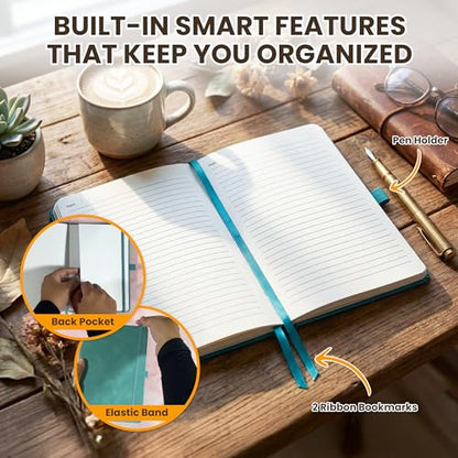 Decorably 312 Pages A5 Teal Journal Lined Notebook for Women & Men, 5.7x8.3in PU Leatherbound Hardcover, Table of Contents, Ribbon Bookmarks, Pen Holder & Back Pocket - School, Work