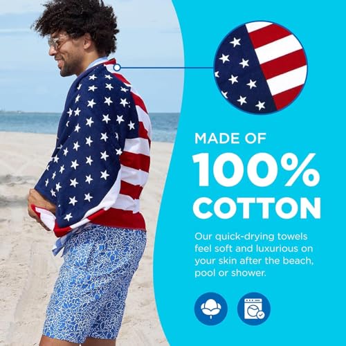 Kaufman - Printed Beach and Pool Towel Set, 100% Cotton, 30 inch x 60 inch (American Flag/100 Dollar Bill)