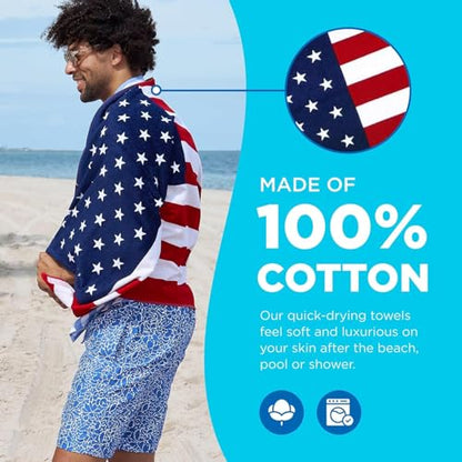 Kaufman - Printed Beach and Pool Towel Set, 100% Cotton, 30 inch x 60 inch (American Flag/100 Dollar Bill)
