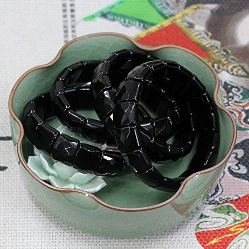 Keleny Gemstones Semi Precious 15mm Square Grain Faceted Beaded Stretch Bangle 7.5 Inch Unisex - color: Black Obsidian