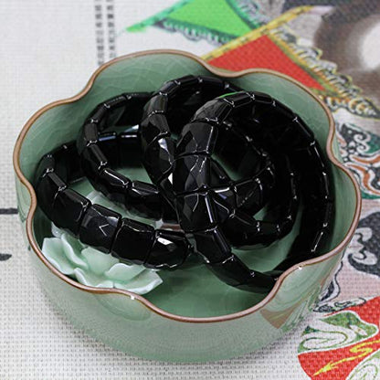 Keleny Gemstones Semi Precious 15mm Square Grain Faceted Beaded Stretch Bangle 7.5 Inch Unisex - color: Black Obsidian