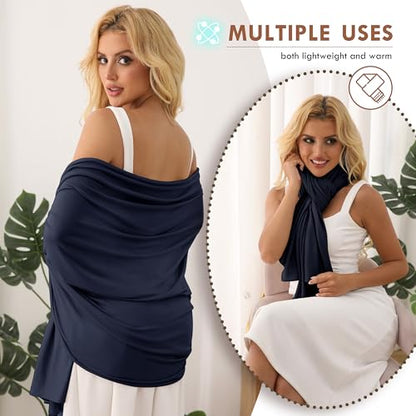 Tencel Shawl Wraps 70 x 35in Travel Essentials Lightweight Pashmina for Travel Blanket Scarf UPF 50+ - color: Navy
