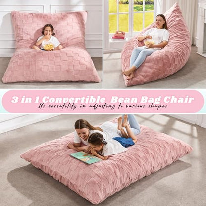 Hobestluk 3 in 1 Bean Bag Chair Giant Bean Bag Chairs for Adults with Plaid Cover Convertible Bean Bag Floor Cushion with Machine Washable Cover for Living Room (Plaid Pink) - color: Dusty Pink