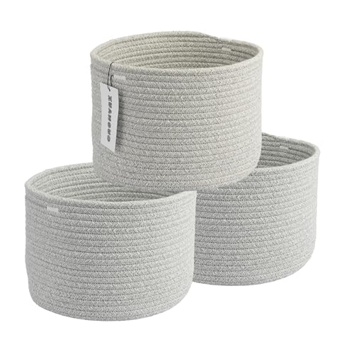 XUANGUO Woven Cotton Storage Baskets - 3-Pack Round Bins (10x10x7'') for Shelves, Closets & Bookcases | Durable Rope Organizers for Nursery, Baby, Toys, Easter & More (grey) - color: grey