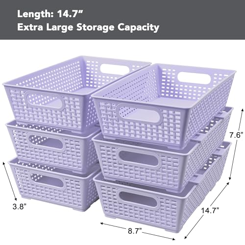 Tiawudi Stackable Woven Plastic Basket, Storage Bins for Cabinet, Closet, Shelf, Under Sink and Countertop, Pantry Organizer Bins, 6 Pack - color: Violet