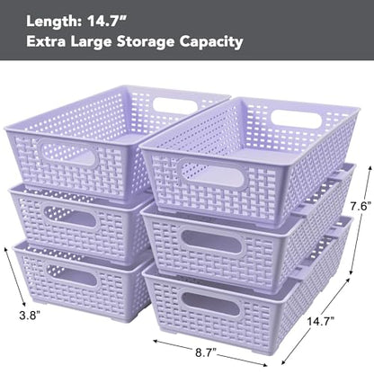 Tiawudi Stackable Woven Plastic Basket, Storage Bins for Cabinet, Closet, Shelf, Under Sink and Countertop, Pantry Organizer Bins, 6 Pack - color: Violet