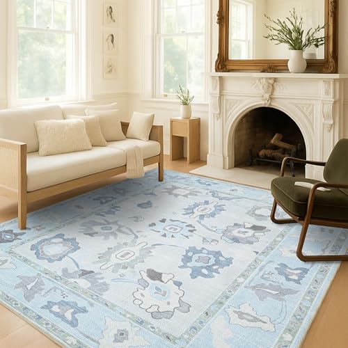 Fame Living Cream Blue Oushak Rug, Modern, Vintage, Turkish, Eclectic, Floral, Pastel, Washable, Large Area Rugs for Living Room, Dining, Bedroom, Girls, Boys, 7'5"x9'8" - color: Cream Blue, size: 7'6" x 9'11" (Rectangular)