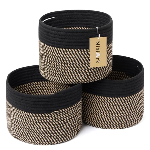 MiniArk Small Basket for Organizing | Cube Shelf Closet Storage Baskets | 9.7×9.7×7.1” | Woven Rope Gift Basket | Nursery | Round 3 Packs Black Brown - color: Black & Woven Brown, size: Round-7L (⌀9.7"×H7.1")