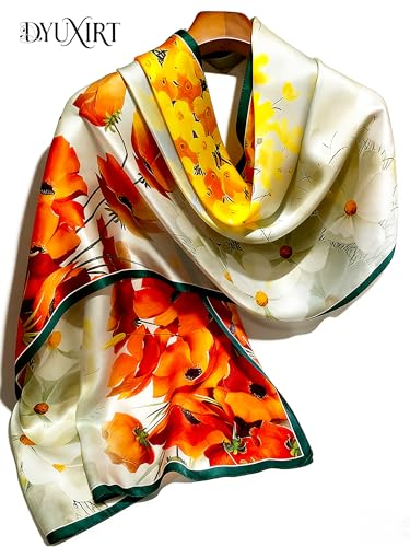 100% Mulberry Silk Oversized Women’s Sun-Shielding Shawl Formal Evening Neckwear Featherlight Airy - color: N28-vivid Bloom Scarf（69" X 21"inch）