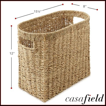 Casafield Woven Magazine Holder with Handles, Natural - Seagrass Storage Basket for Bathroom, Living Room, Home Office - color: Natural - Seagrass