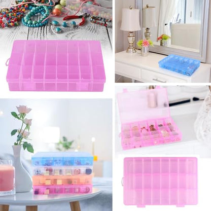 AKOAK 1 Pack 24 Grid Plastic Storage Case, Transparent Jewelry Display Organizer, Detachable Divider -7.5"x 5.1"x 1.4" for Beads, Jewelry, Earrings, Rings (Pink) - color: Pink