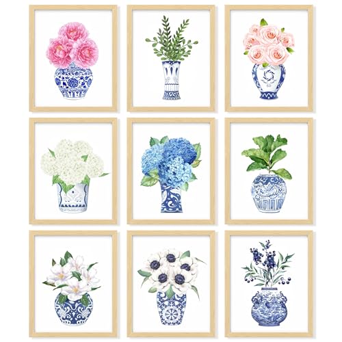97 Decor Chinoiserie Decor - Chinoiserie Wall Art Prints, Blue White Porcelain Vase, Chinese Blue and White Ginger Jar, Chinoiserie Artwork Flower Picture for Home Bedroom Decorations (8x10 UNFRAMED) - color: Chinoiserie Poster