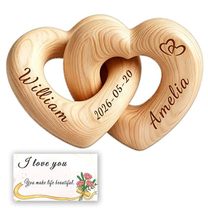 Custom Engraved Interlocking Wooden Hearts with Personalized Names – Romantic Couple Gift for Wedding, Valentine’s Day, 5th Wood Anniversary, Handcrafted Home Decor (Customized)