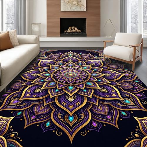 Low Pile Flatwoven Area Rug 4x6, Meditation Floor Cushions with Intricate Lotus Petal Designs, Machine Washable, Stain Resistant Indoor Rug for Living Room, Bedroom, Non Slip(Purple, 4x6) - color: Purple/Pattern 6, size: 4' x 6' (Rectangular)