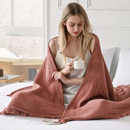Esterra Muslin Throw Blanket 50x65 Inches Cozy Soft Lightweight Pre-Washed Cotton Blanket, All Season Breathable 4-Layer Gauze Blanket Throw for Sofa Couch Bed, Copper Brown - color: 07 - Copper Brown, size: Throw (50"x65")