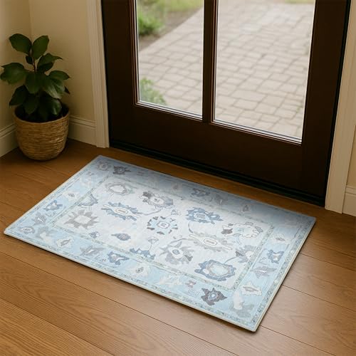 Cream Blue Oushak Rug, Modern Small Rugs, Vintage, Turkish, Eclectic, Floral, Pastel, Washable, Door Mat, Doormat for Indoor Entrance, Entryway, Kitchen, Bathroom, Bedroom, Laundry, 2'x3' - color: Cream Blue, size: 2' x 3' (Rectangular)