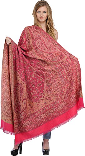 Exotic India Reversible Jamawar Shawl with Woven Paisleys - Wool - color: Hot Pink