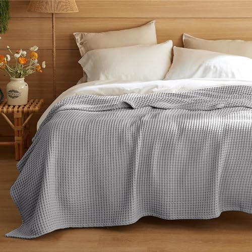 Bedsure 100% Cotton Blanket Queen Size for Spring Summer, Waffle Weave Thin Lightweight Breathable Blanket for Bed, Cotton Bedding Room Decor Gifts for Women, Men, Grey, 90" x 90" - color: Grey, size: Queen (90" X 90")