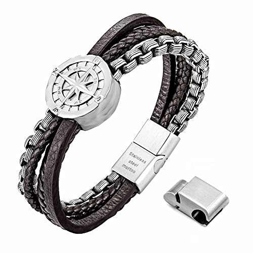 murtoo Mens Bracelet, Leather and Steel, Multi-layer Leather Bracelet for Men with Compass, Gift Idea for Boyfriend Husband Father - color: Brown Leather & Chain, size: 8.85"