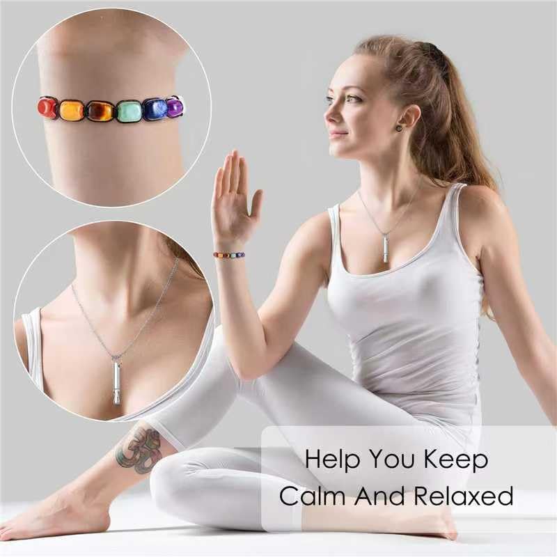 Mindfulness Breathing Necklace and 7 Chakra Crystals Bracelet，Stainless Steel Anxiety Breathe Necklace，Meditation Set for Men and Women